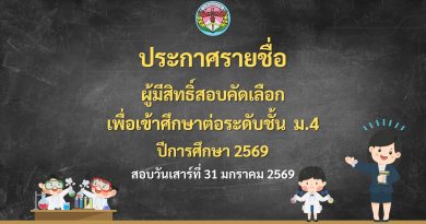 ประกาศรายชื่อผู้มีสิทธิ์สอบคัดเลือกเพื่อเข้าศึกษาต่อระดับชั้น ม.4 ปีการศึกษา 2569