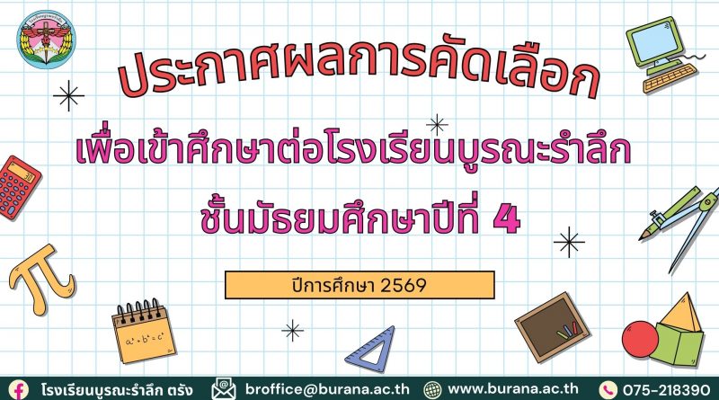 ประกาศผลการสอบคัดเลือกเข้าศึกษาต่อ ชั้นมัธยมศึกษาปีที่ 4 ปีการศึกษา 2569