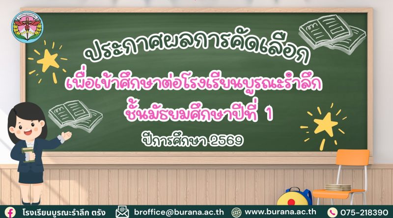 ประกาศผลการสอบคัดเลือกเข้าศึกษาต่อ ชั้นมัธยมศึกษาปีที่ 1 ปีการศึกษา 2569