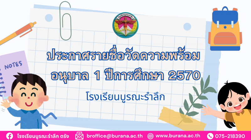 ประกาศรายชื่อวัดความพร้อม อนุบาล 1 ปีการศึกษา 2570